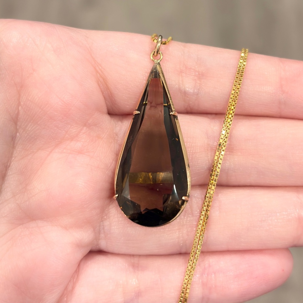 Vintage Smoky Quartz 18K Yellow Rose Gold Pendant Mid-Century Teardrop Solitaire - Picture 4 of 13